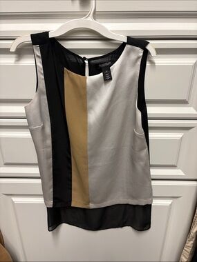 White House Black Market Sleeveless Colorblock Shell in Black, Ivory & Tan